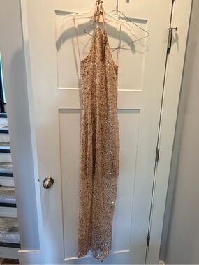 NWT Blashe Champagne Sequin Halter Wide Leg Jumpsuit Size Large